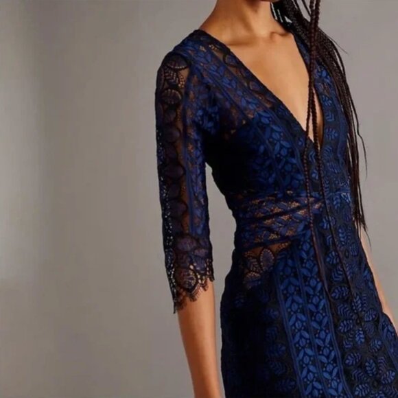 For Love and Lemons - Lyla Deep V Blue and Black Lace Overlay Mini Dress - XS - Picture 1 of 8
